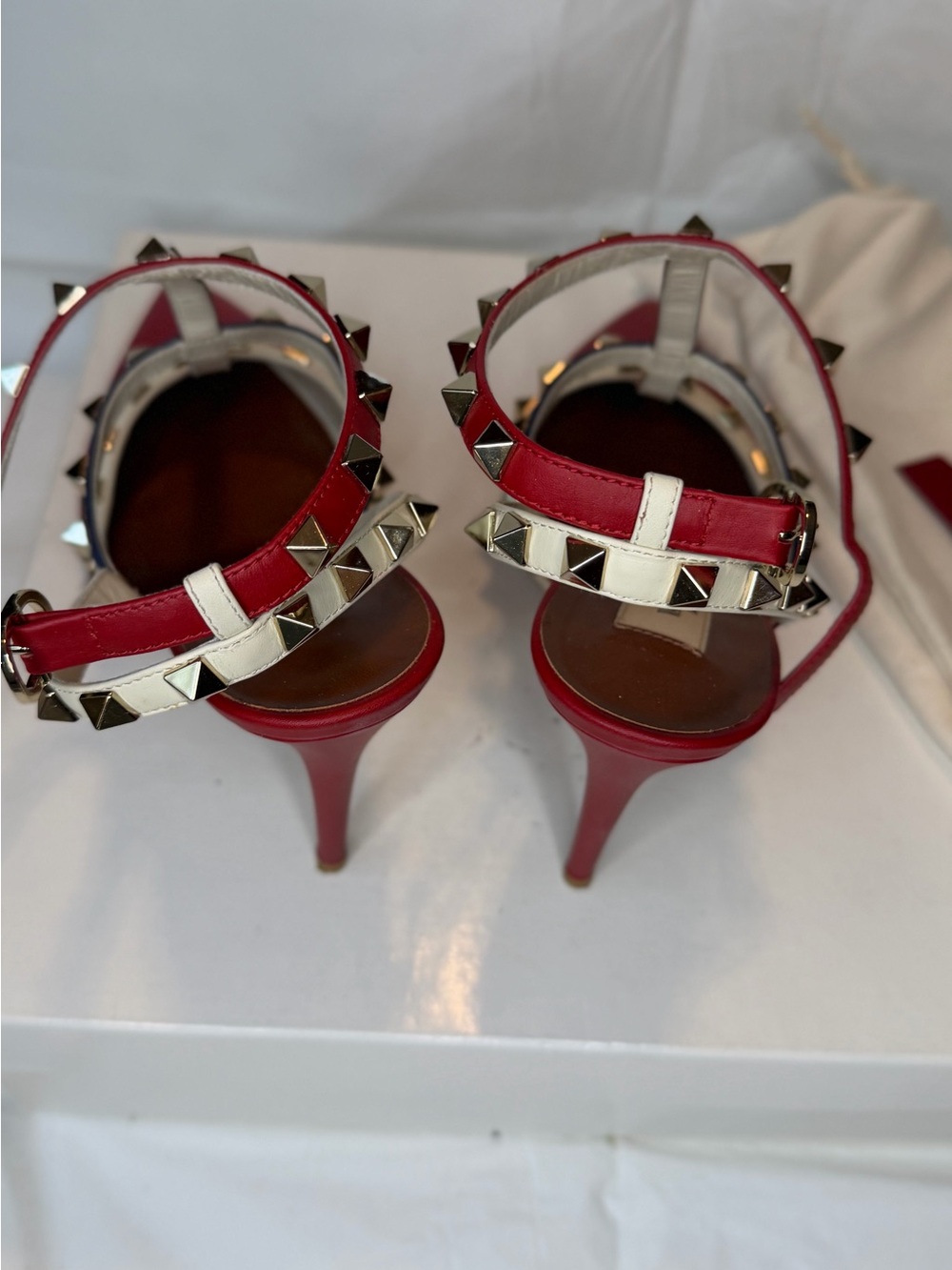 Valentino Red, White & Navy Rockstud Pointed Slingback Heels - Picture 5 of 8